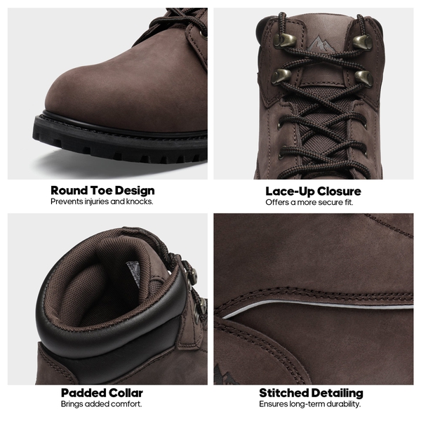 Men's Soft Toe Leather Work Boots - BROWN - 4